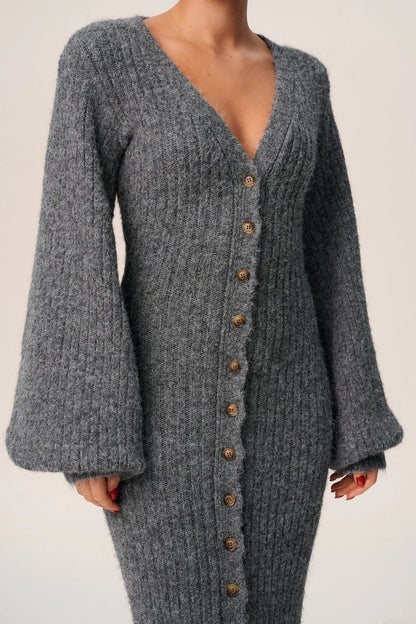 Rib-Knit Button Dress